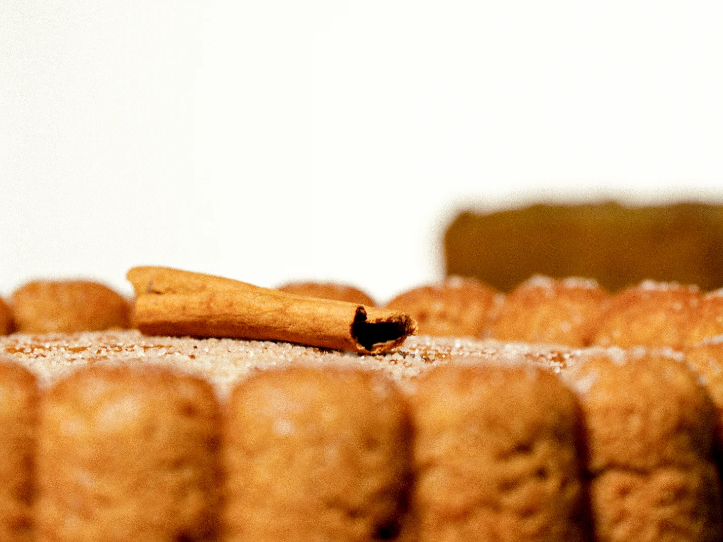 Detalle de un pastel espolvoreado con una rama de canela.